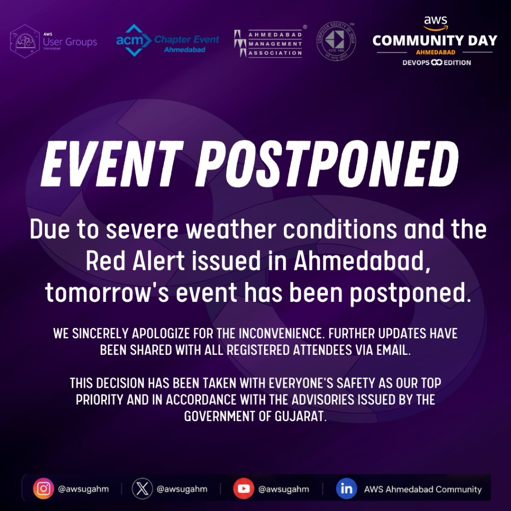 AWS Community Day Ahmedabad - Event Postponed Poster